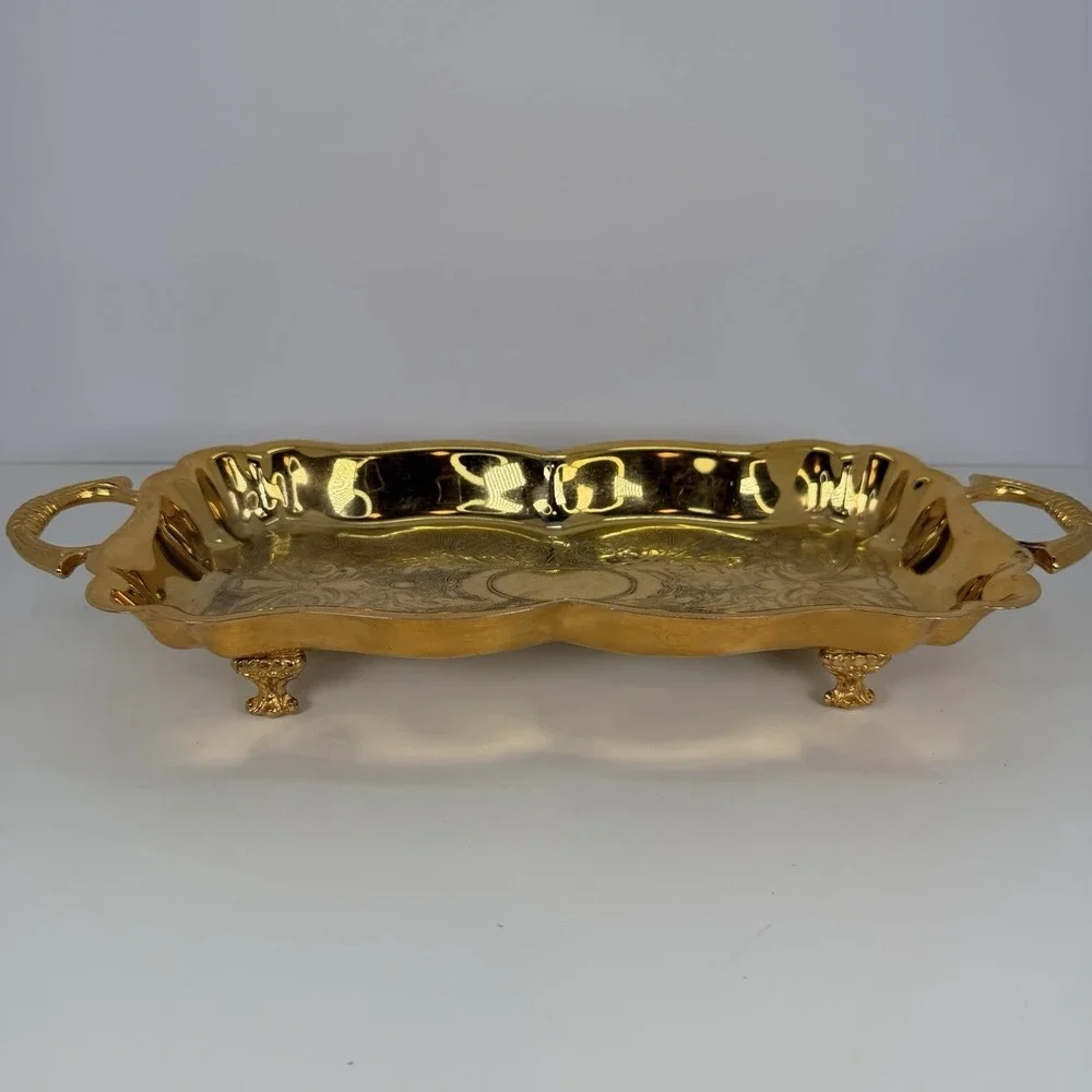 Gold tone footed tray‎ with handles Crosby silverplate 14